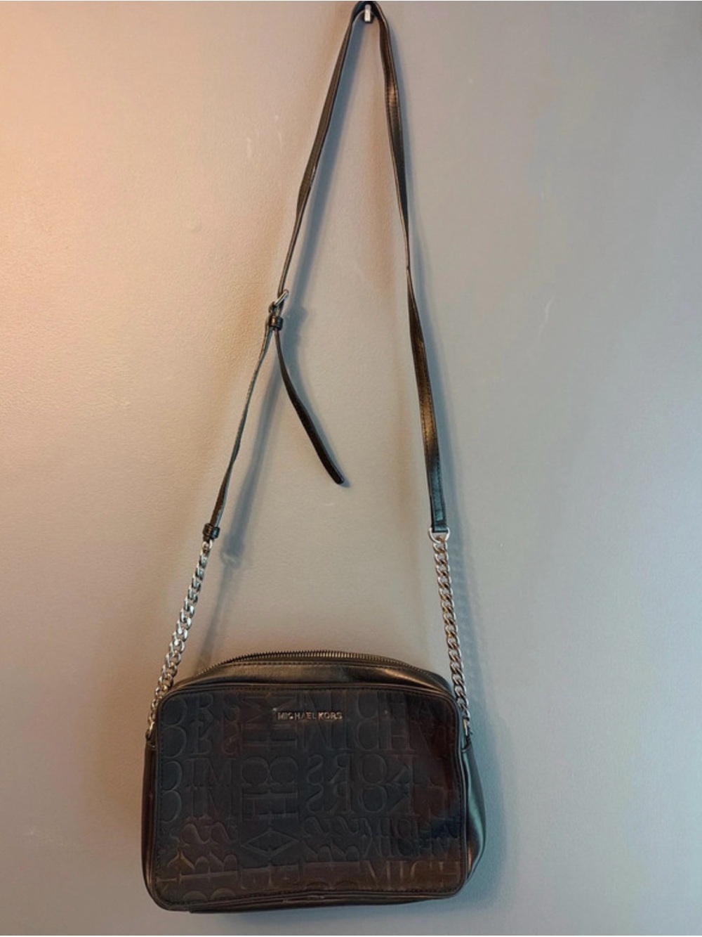 Michael Kors Black Embossed Logo Leather Crossbody with Chain Strap